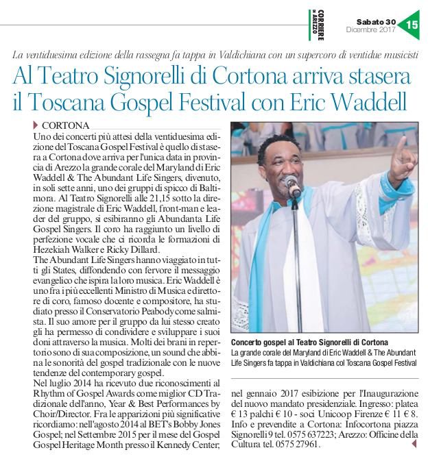 Al Teatro Signorelli di Cortona arriva stasera il Toscana Gospel